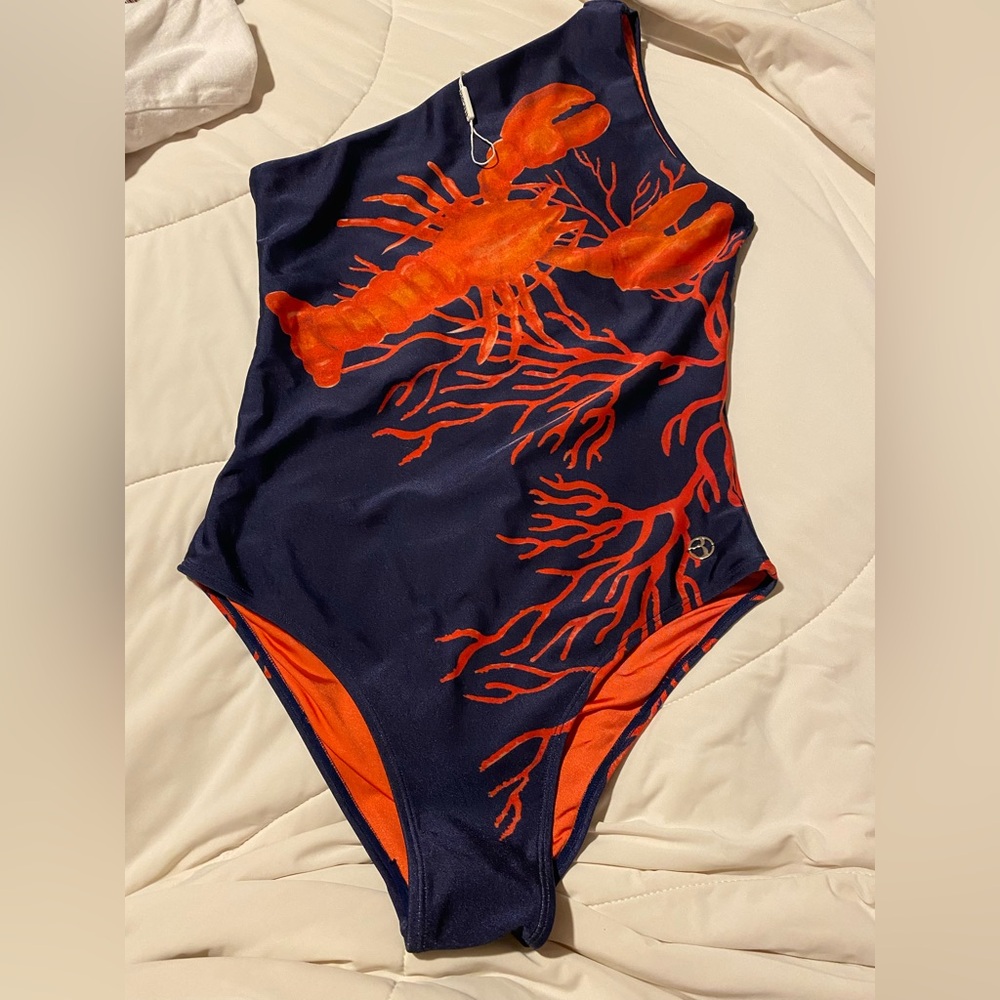 Stylish One-Shoulder Lobster Print Swimsuit
